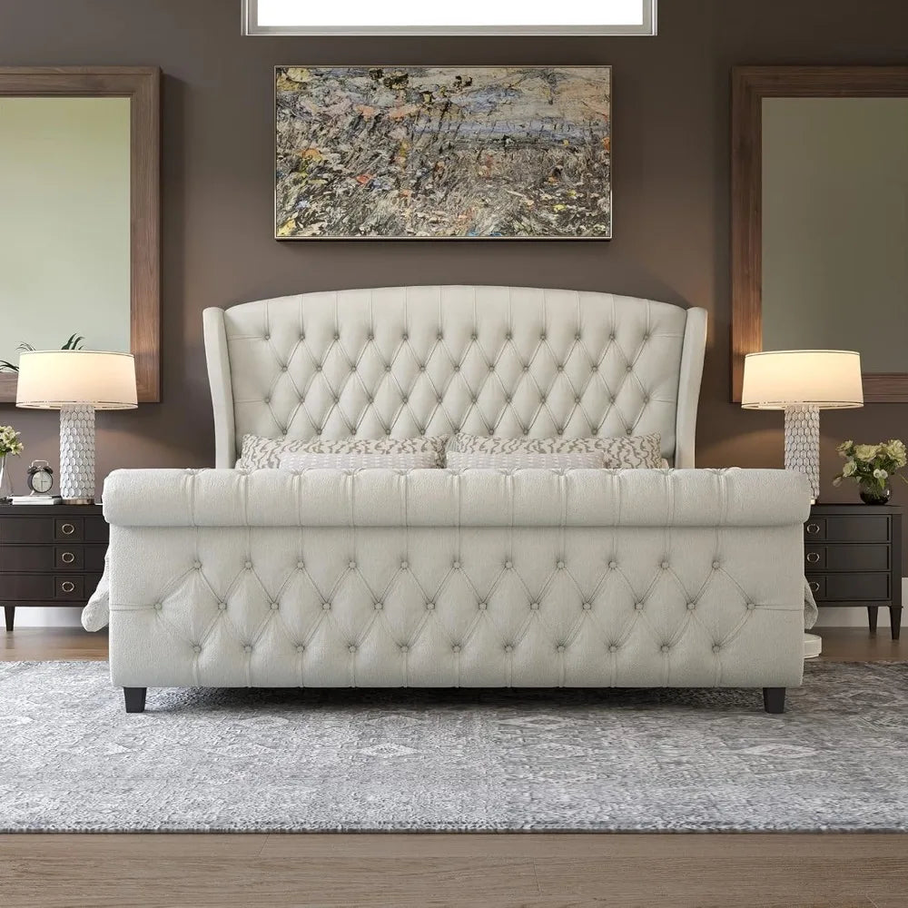 Chenille Upholstered Sleigh Bed