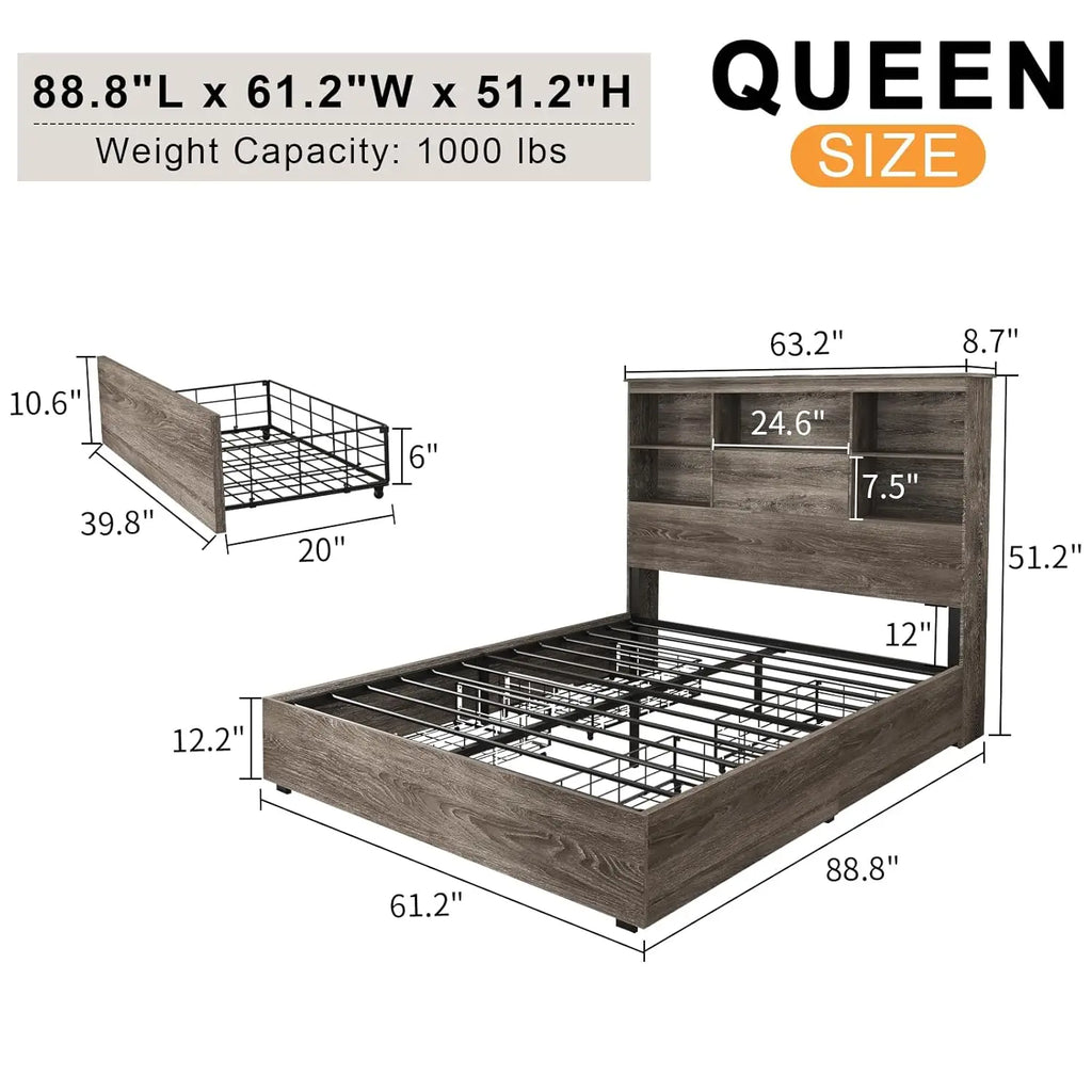 Queen LED Storage Bed with Bookcase Headboard