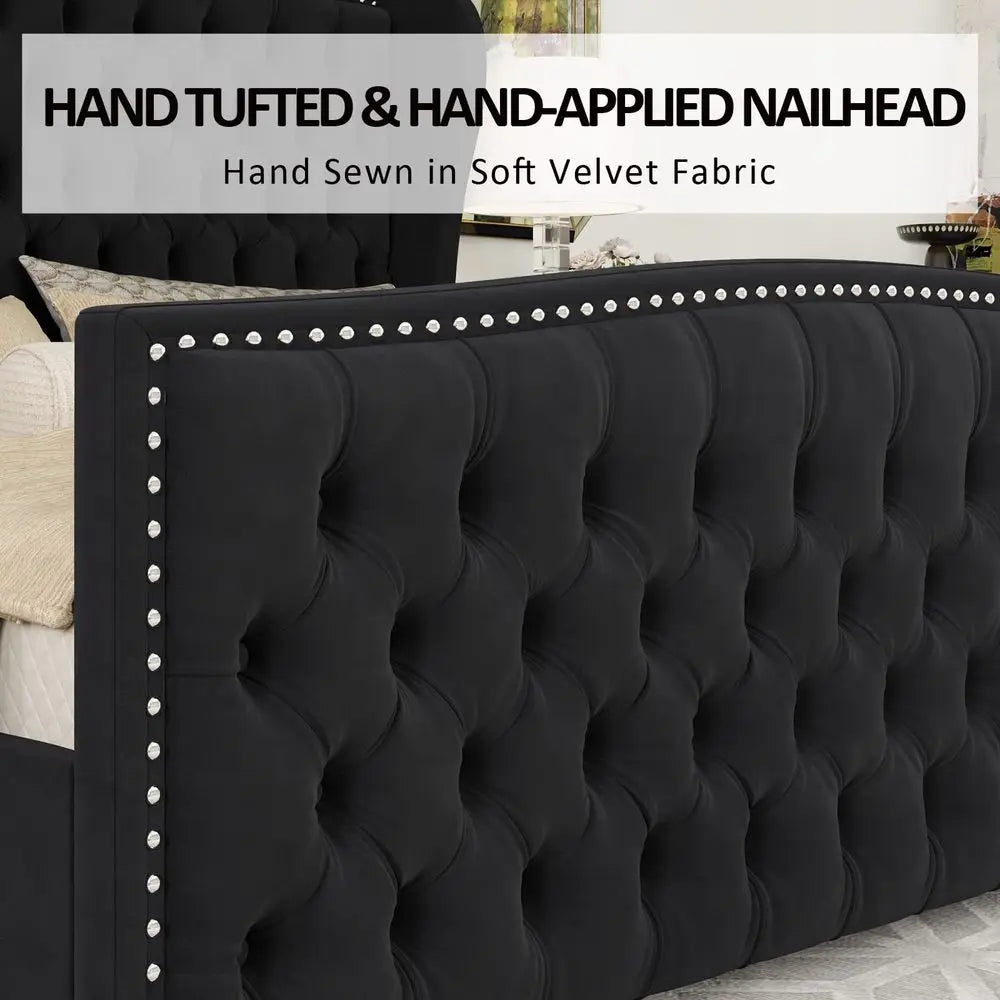 Velvet Wingback Platform Bed