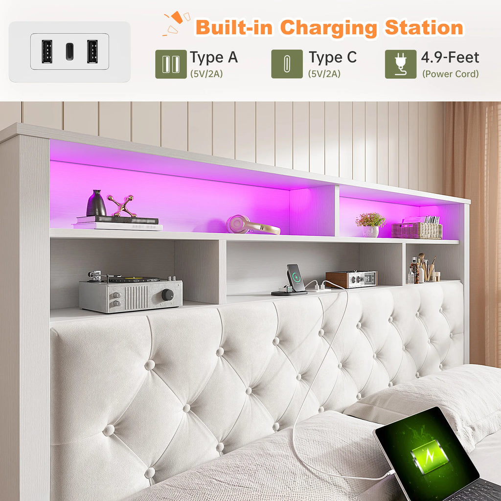 LED Storage Bed with Bookcase Headboard