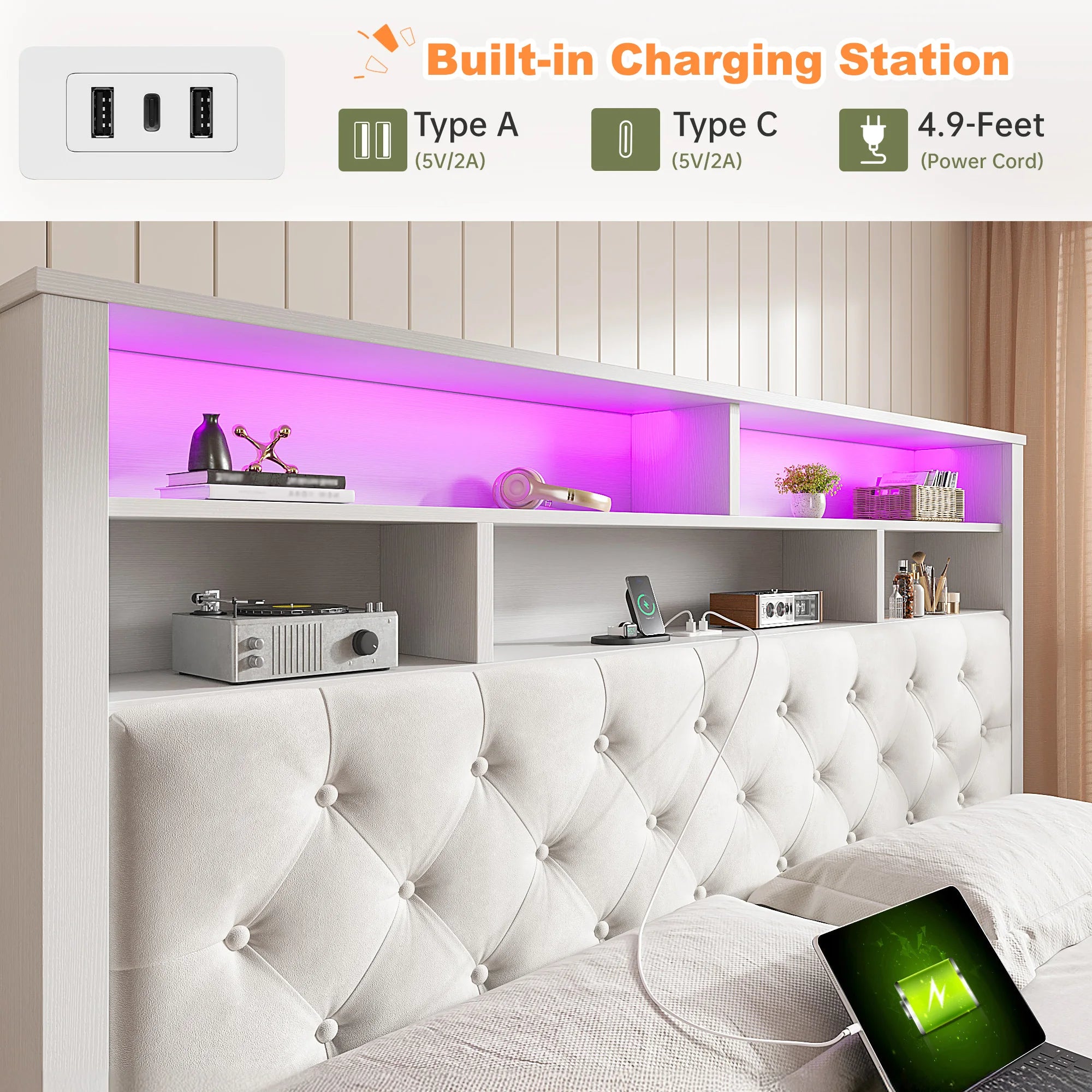 LED Storage Bed with Bookcase Headboard