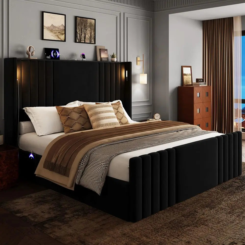 Velvet Wingback Bed with Reading Lights