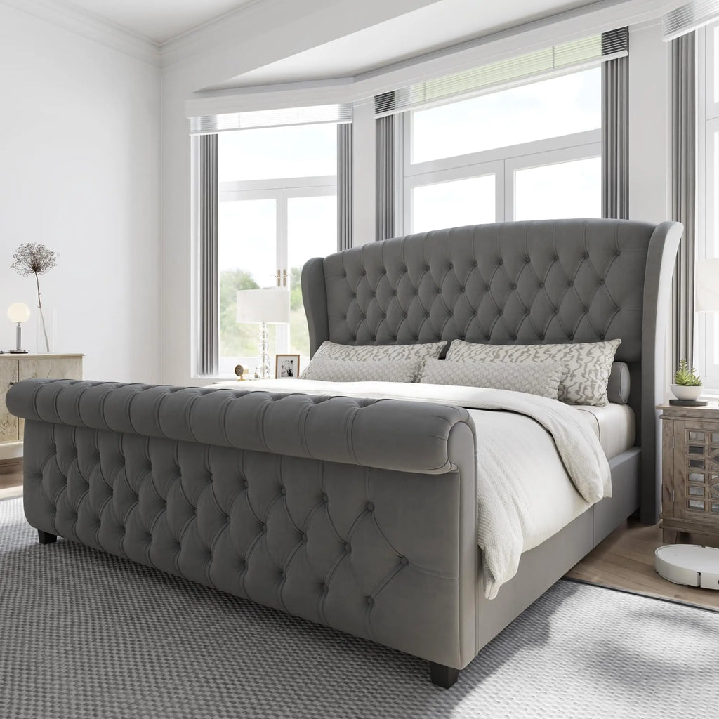 Chenille Upholstered Sleigh Bed