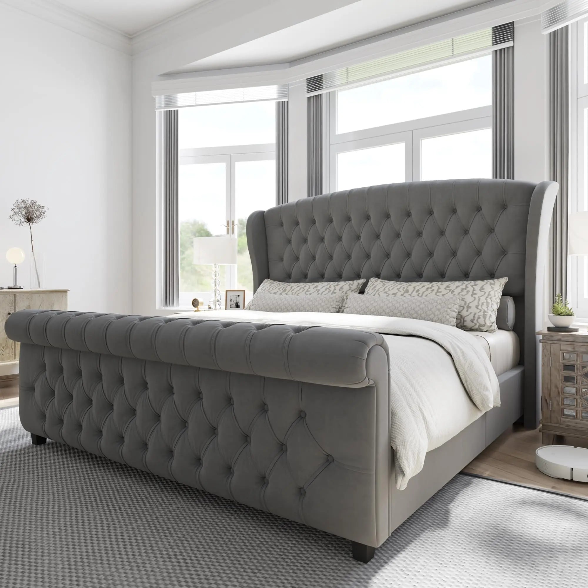 Chenille Upholstered Sleigh Bed