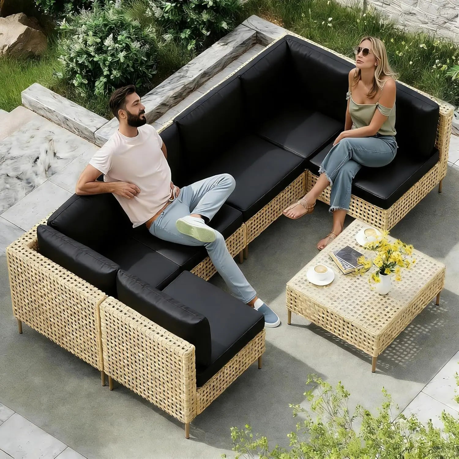 Handwoven Wicker Sectional Set
