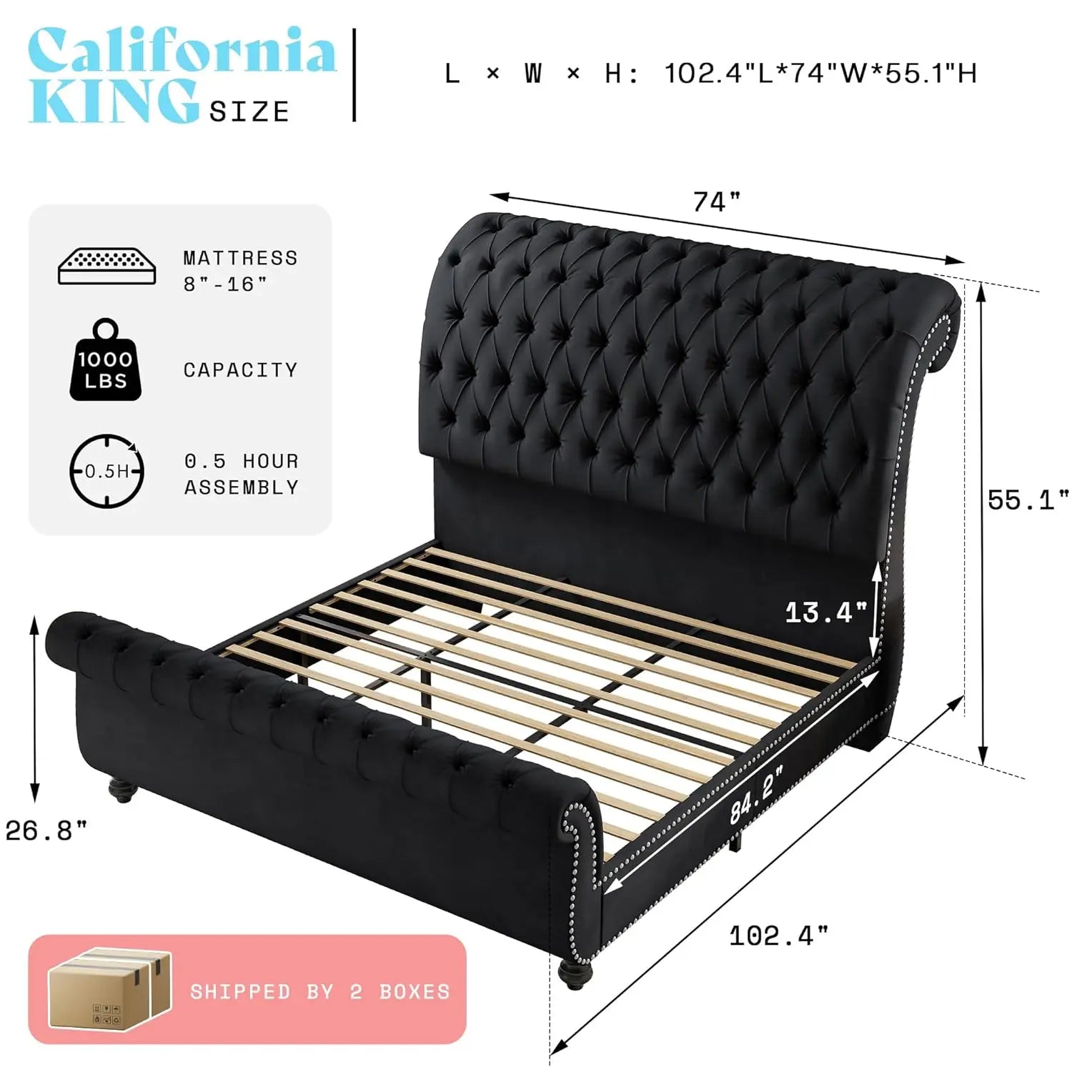 Velvet Sleigh Bed Frame