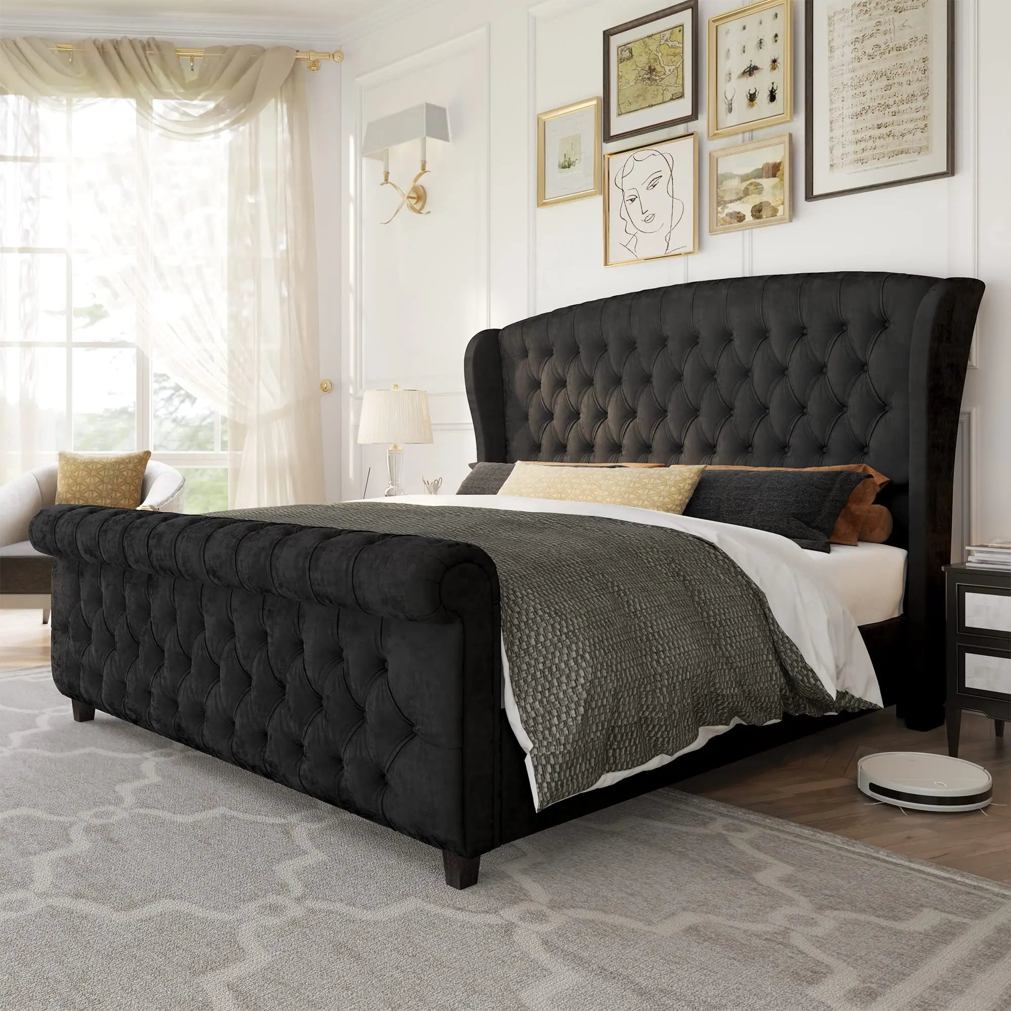 Chenille Upholstered Sleigh Bed