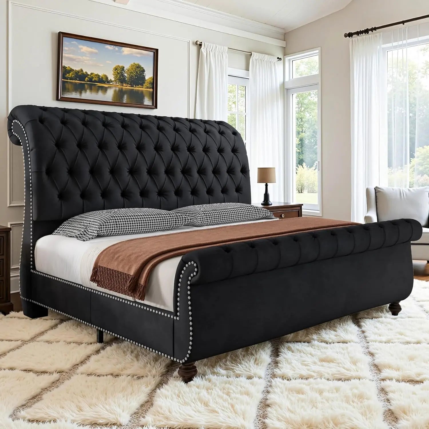 Velvet Sleigh Bed Frame