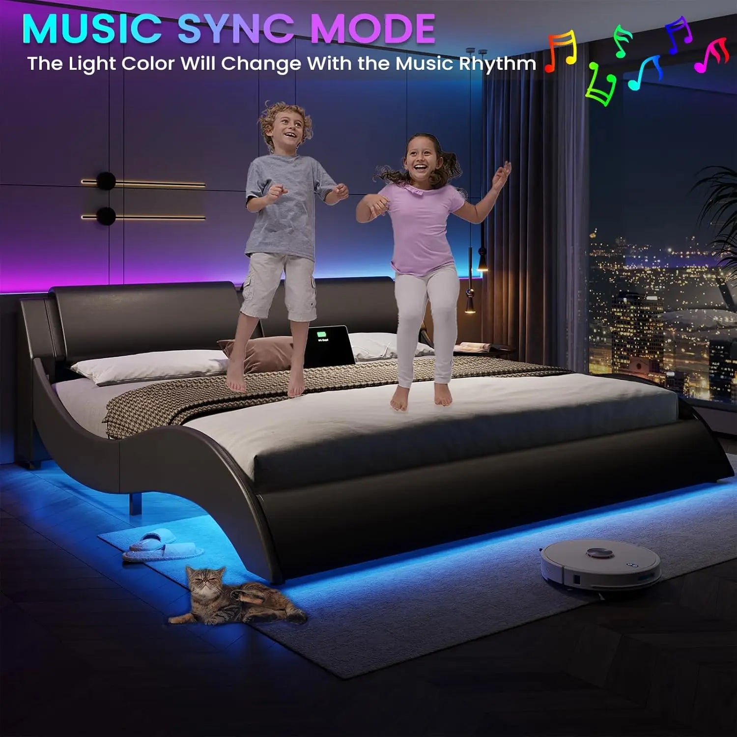 King LED Bed with Charging Ports
