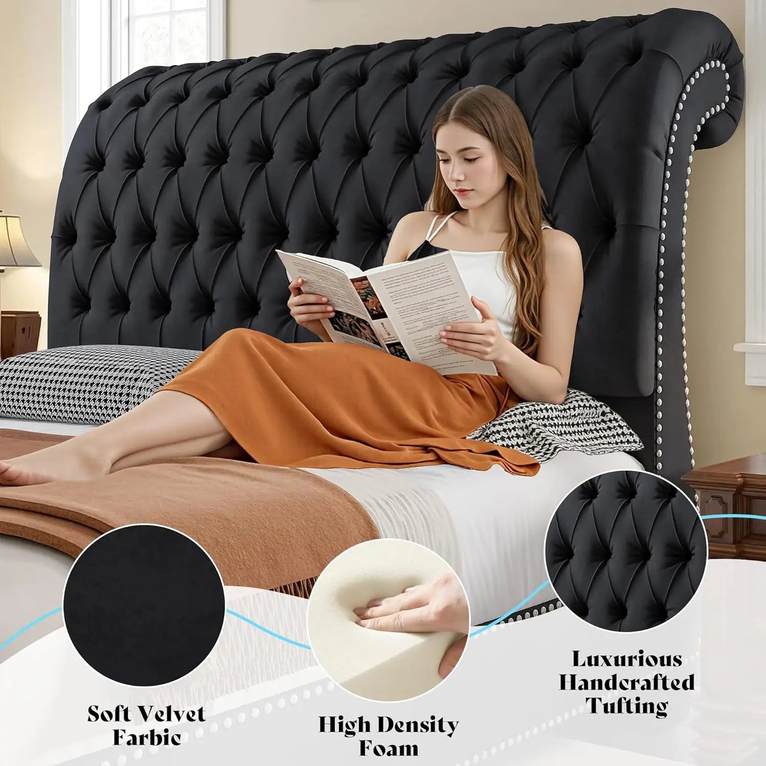 Velvet Sleigh Bed Frame