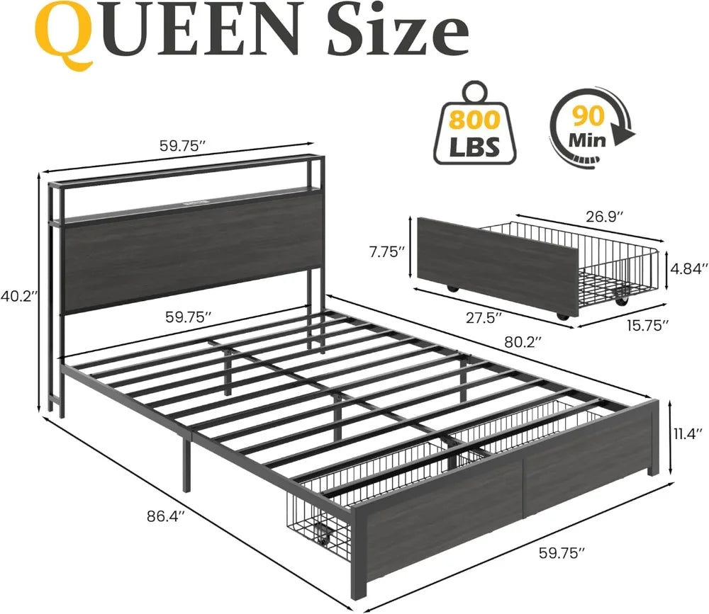 Queen Storage Bed with LED Headboard