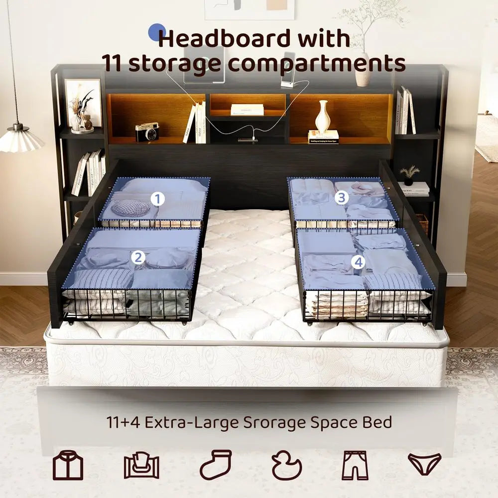 King Bed with Storage Shelf Headboard