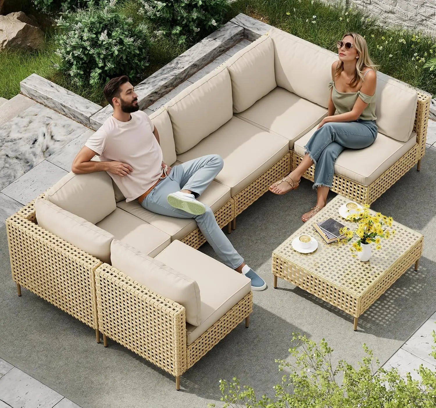 Handwoven Wicker Sectional Set