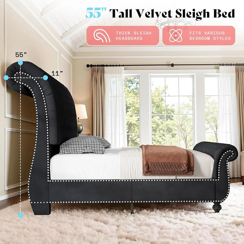 Velvet Sleigh Bed Frame