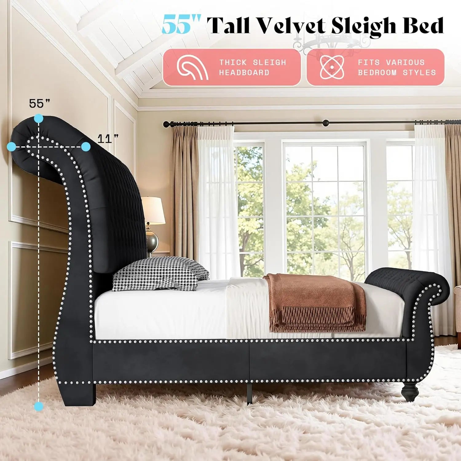 Velvet Sleigh Bed Frame