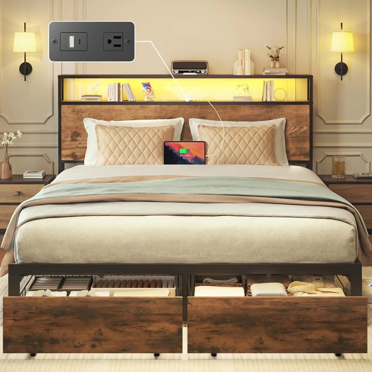 Queen Storage Bed with LED Headboard