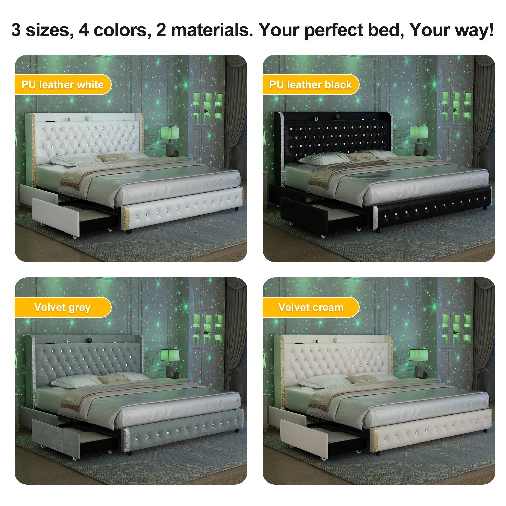 Queen LED Platform Bed with Storage Drawers