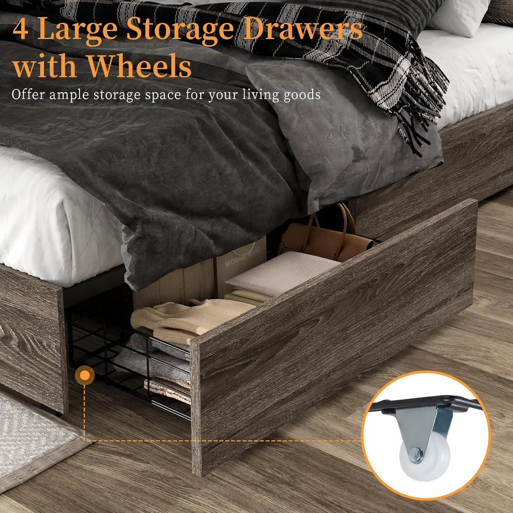 Queen LED Storage Bed with Bookcase Headboard