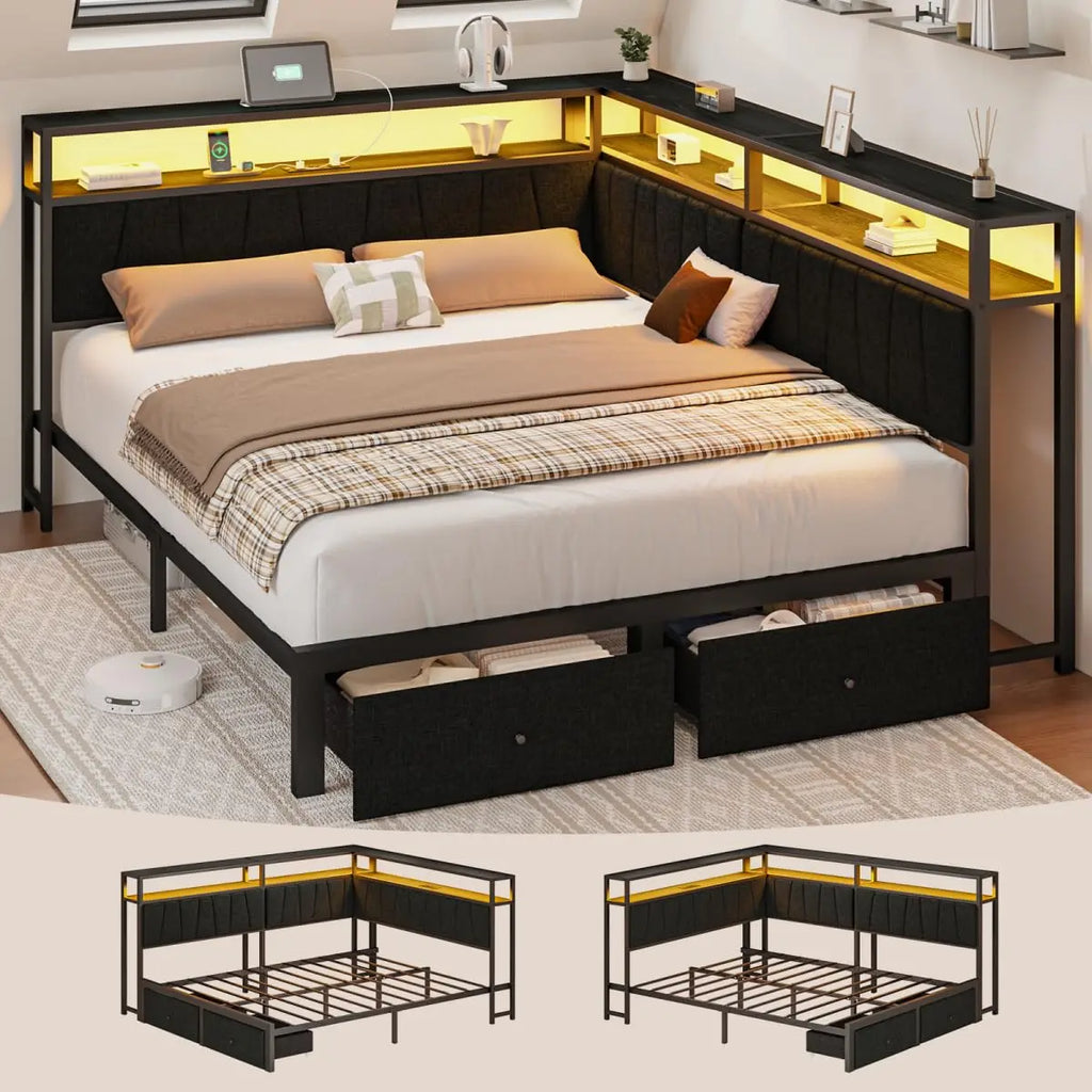 Queen Corner Storage Bed with LED Lights