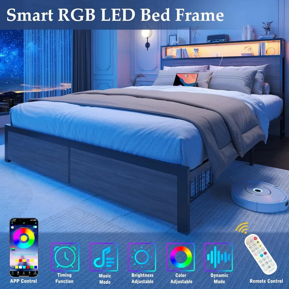 Queen Storage Bed with LED Headboard