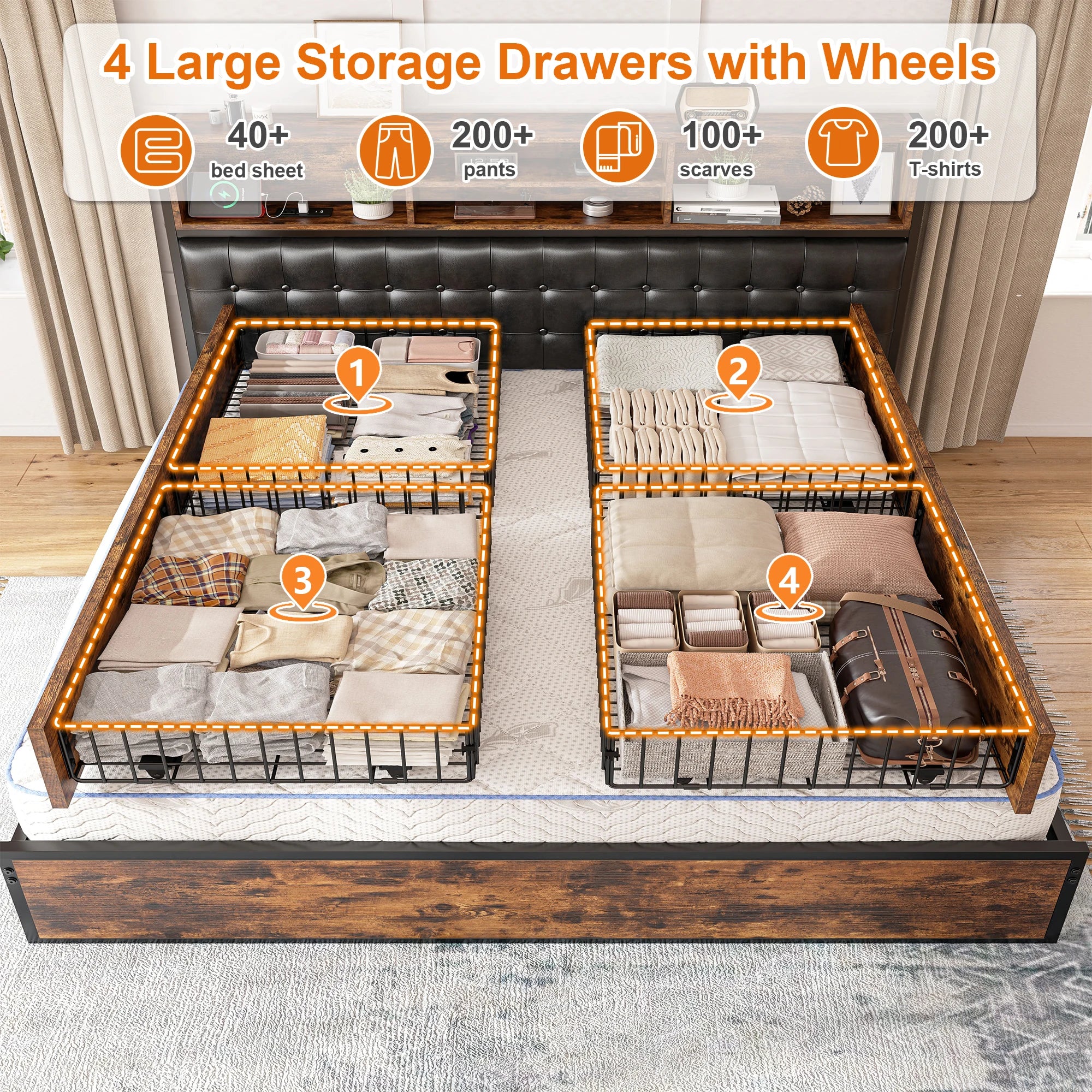 Upholstered Storage Bed with Drawers
