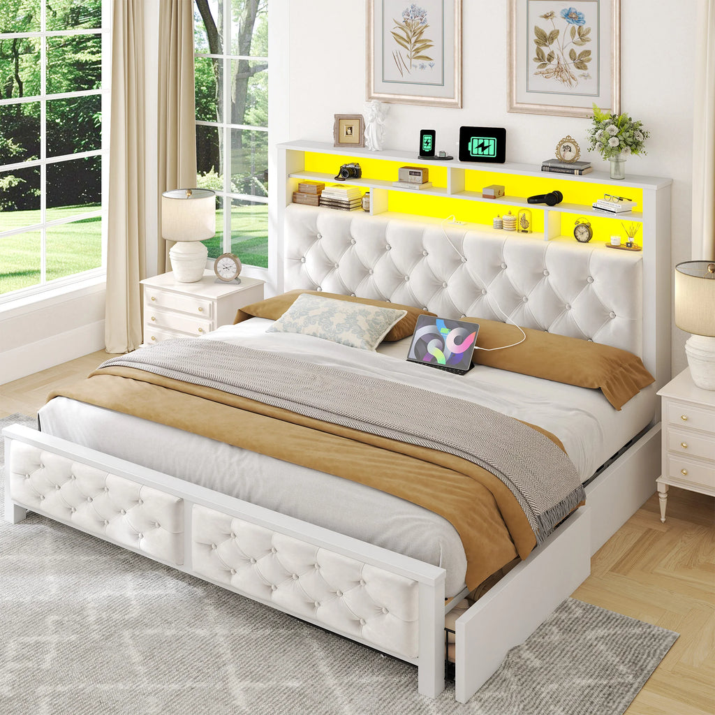 LED Storage Bed with Bookcase Headboard