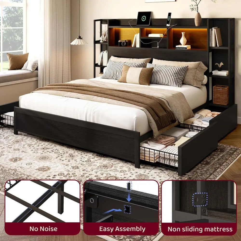 King Bed with Storage Shelf Headboard