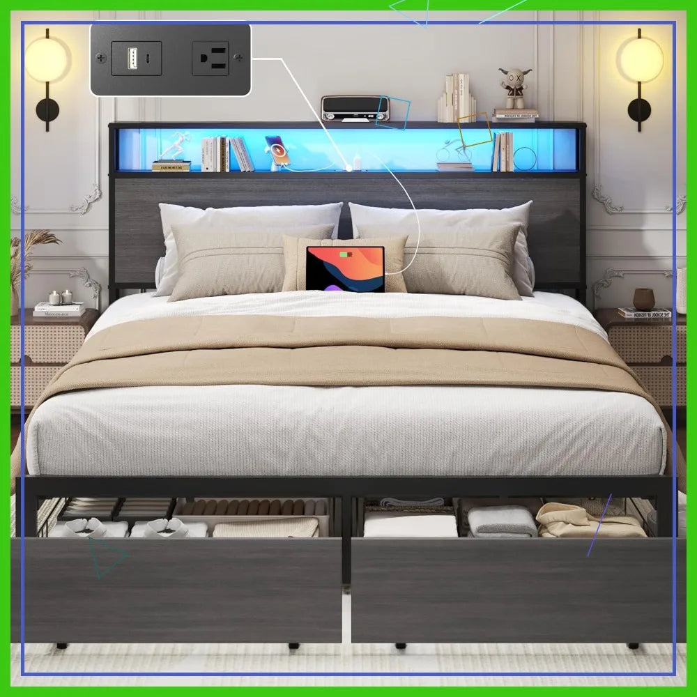Queen Storage Bed with LED Headboard