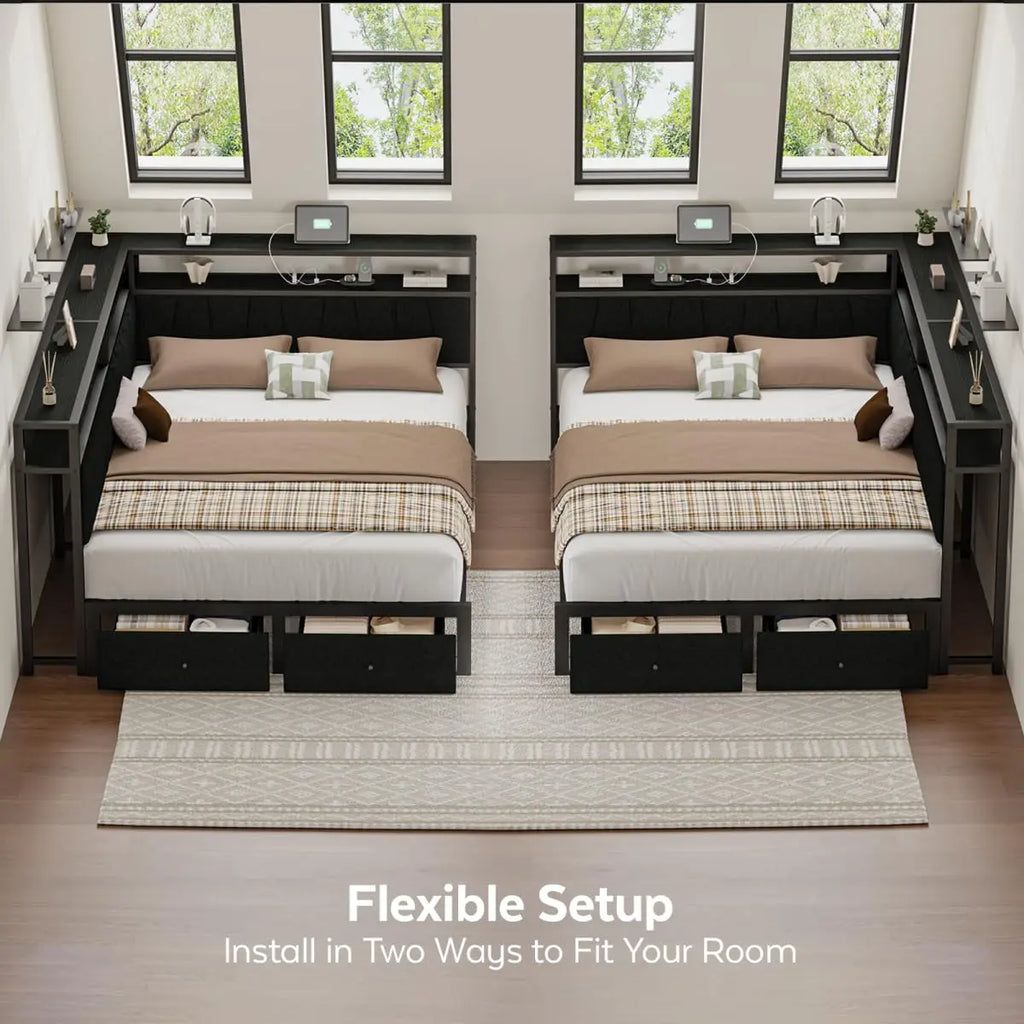 Queen Corner Storage Bed with LED Lights