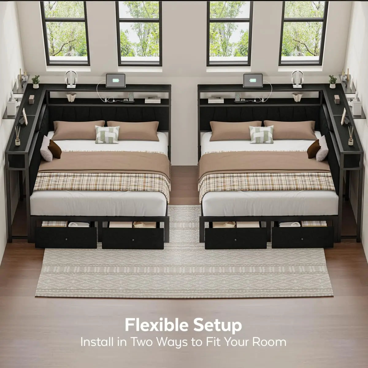 Queen Corner Storage Bed with LED Lights