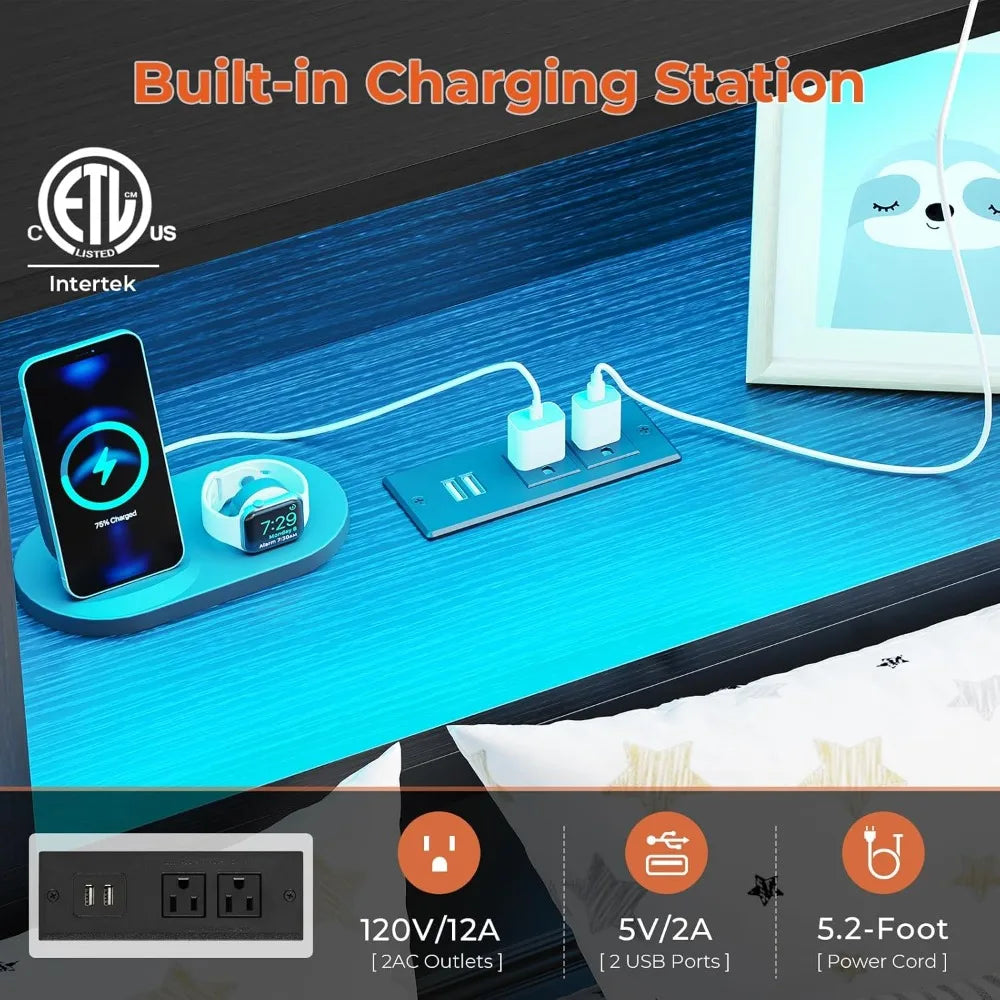 Corner Storage Bed Frame with LED Lights