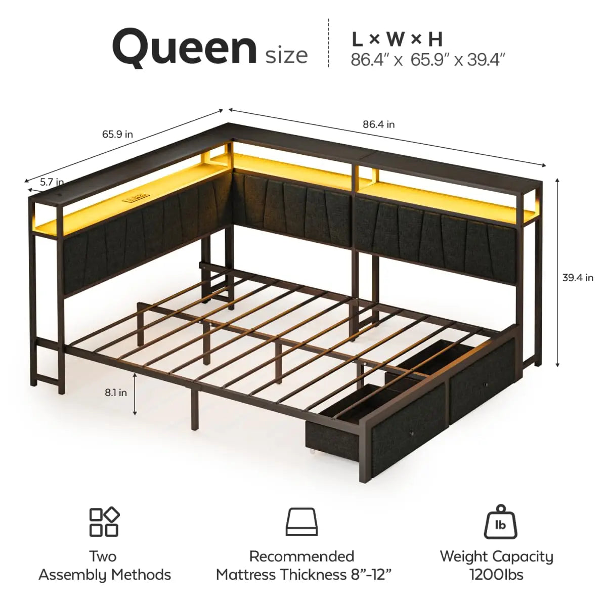 Queen Corner Storage Bed with LED Lights