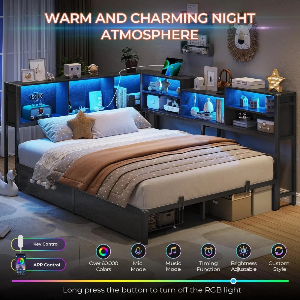 Corner Storage Bed Frame with LED Lights