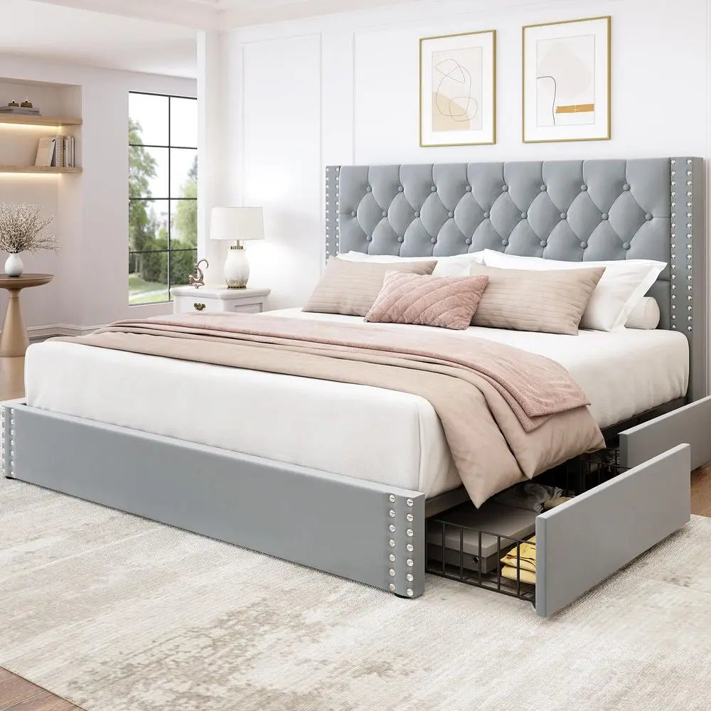 King Velvet Storage Bed