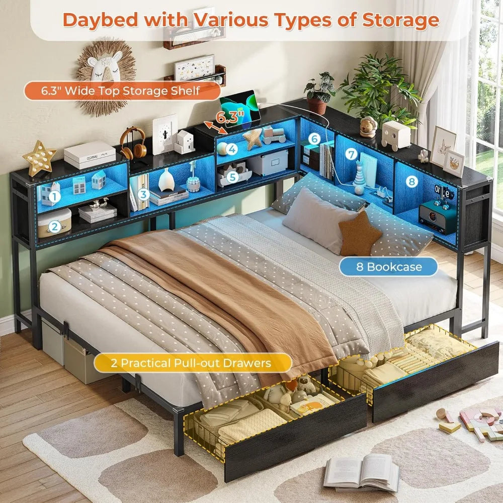 Corner Storage Bed Frame with LED Lights