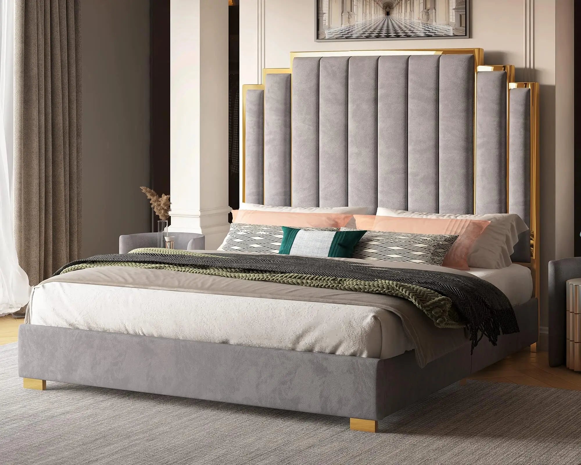 California King Velvet Bed with Gold Trim