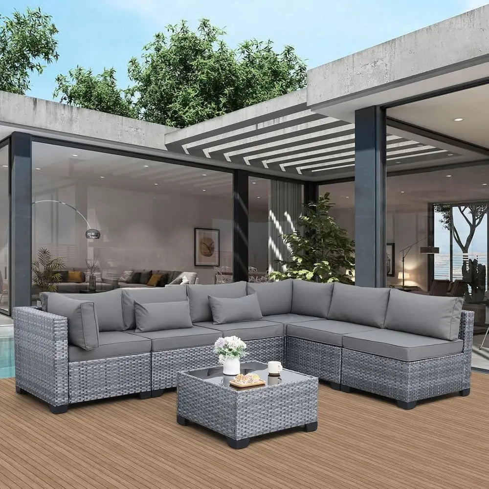Grey Wicker Sectional Set
