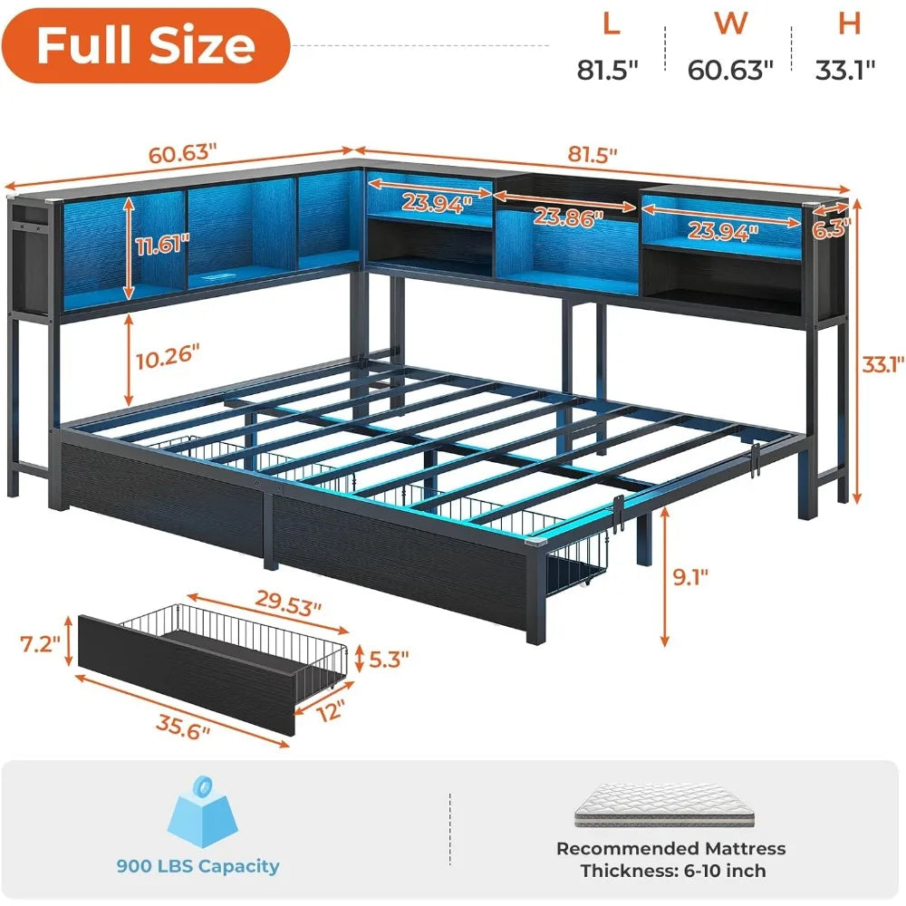 Corner Storage Bed Frame with LED Lights