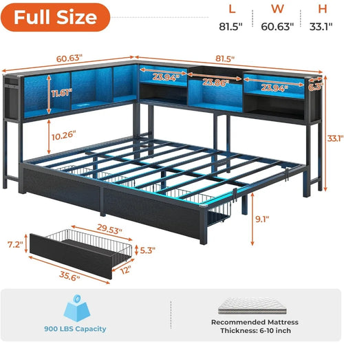 Corner Storage Bed Frame with LED Lights