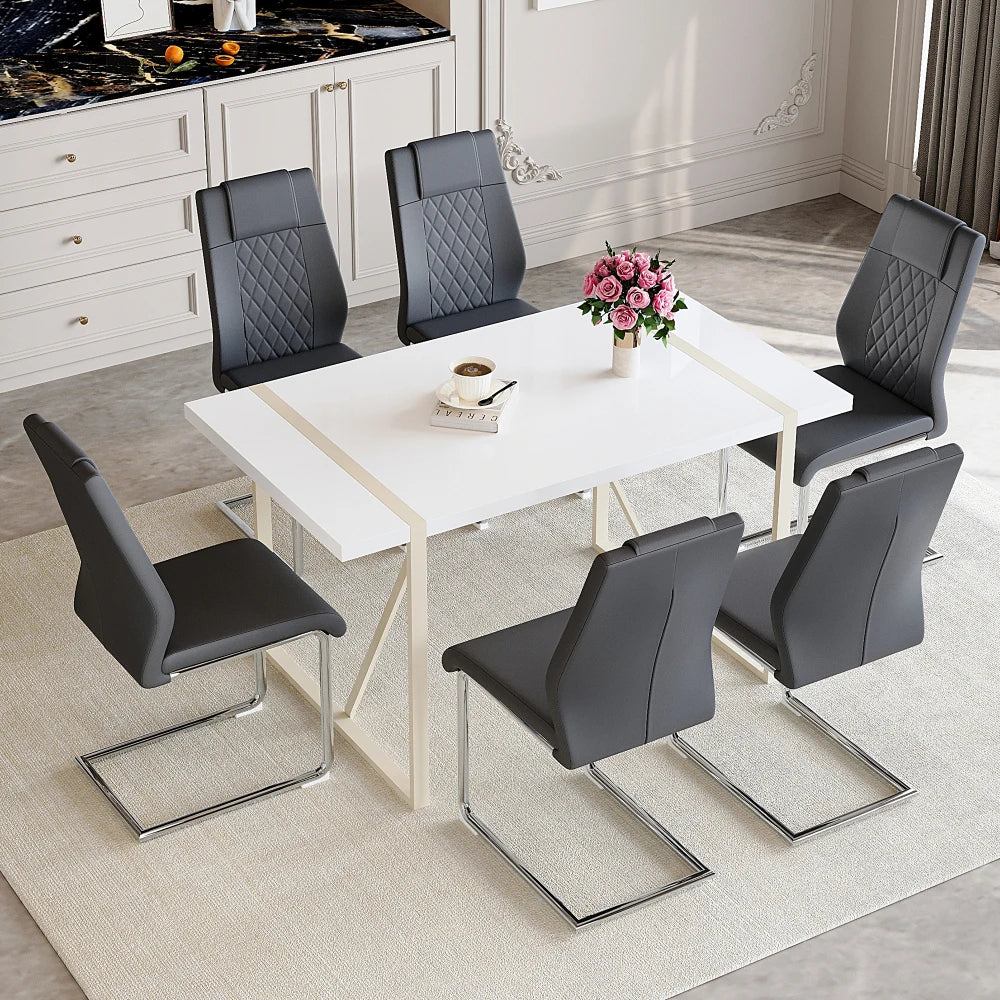 White Dining Table Set with 6 Chairs