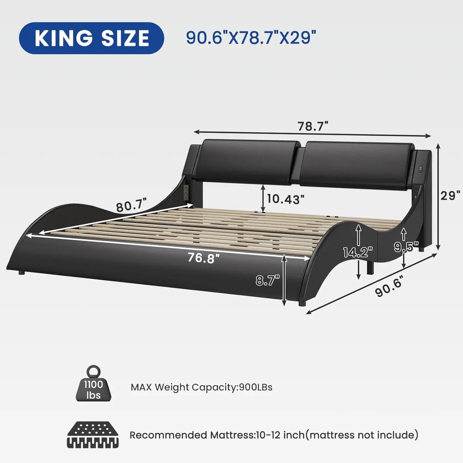 King LED Bed with Charging Ports