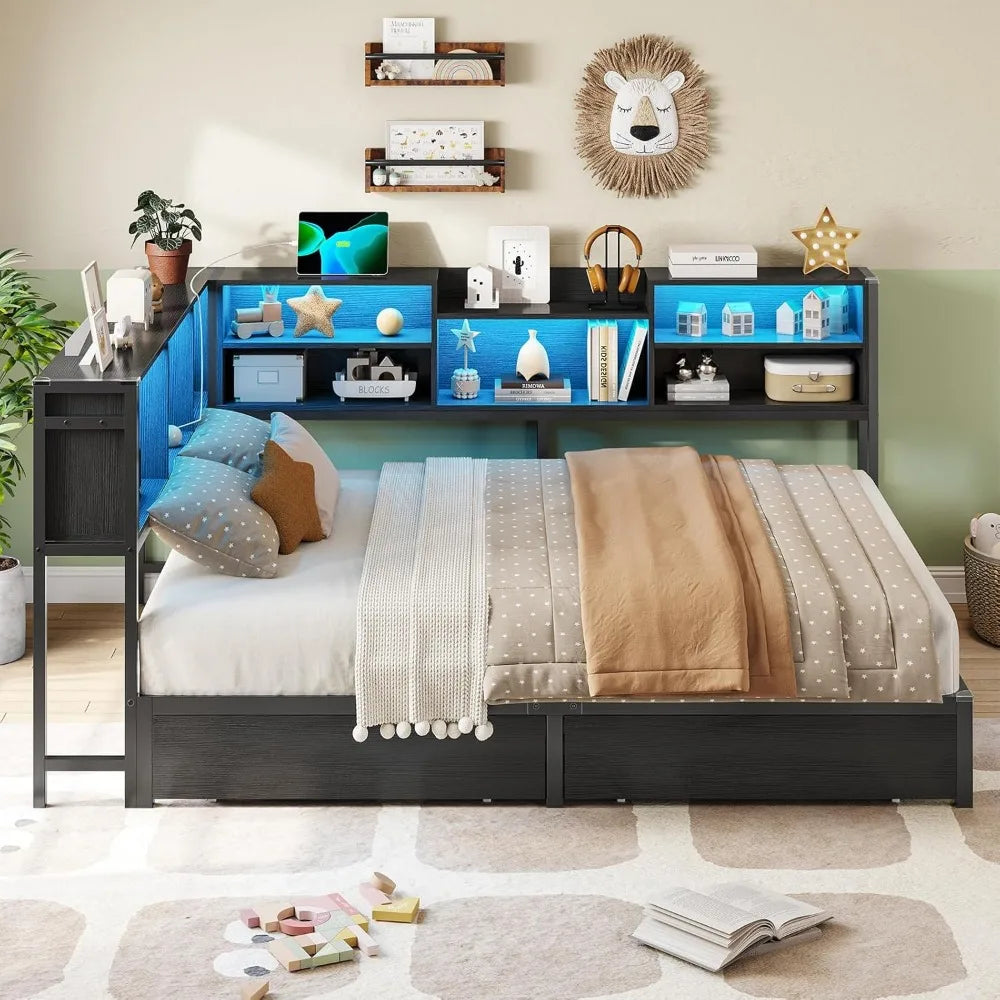 Corner Storage Bed Frame with LED Lights