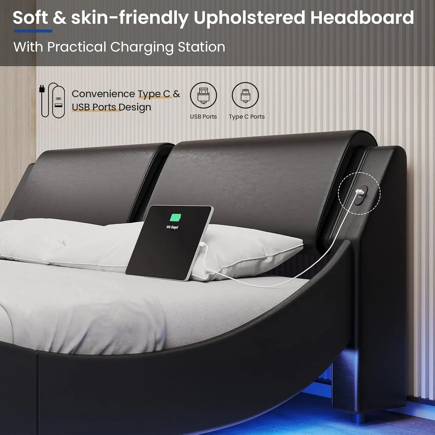 King LED Bed with Charging Ports