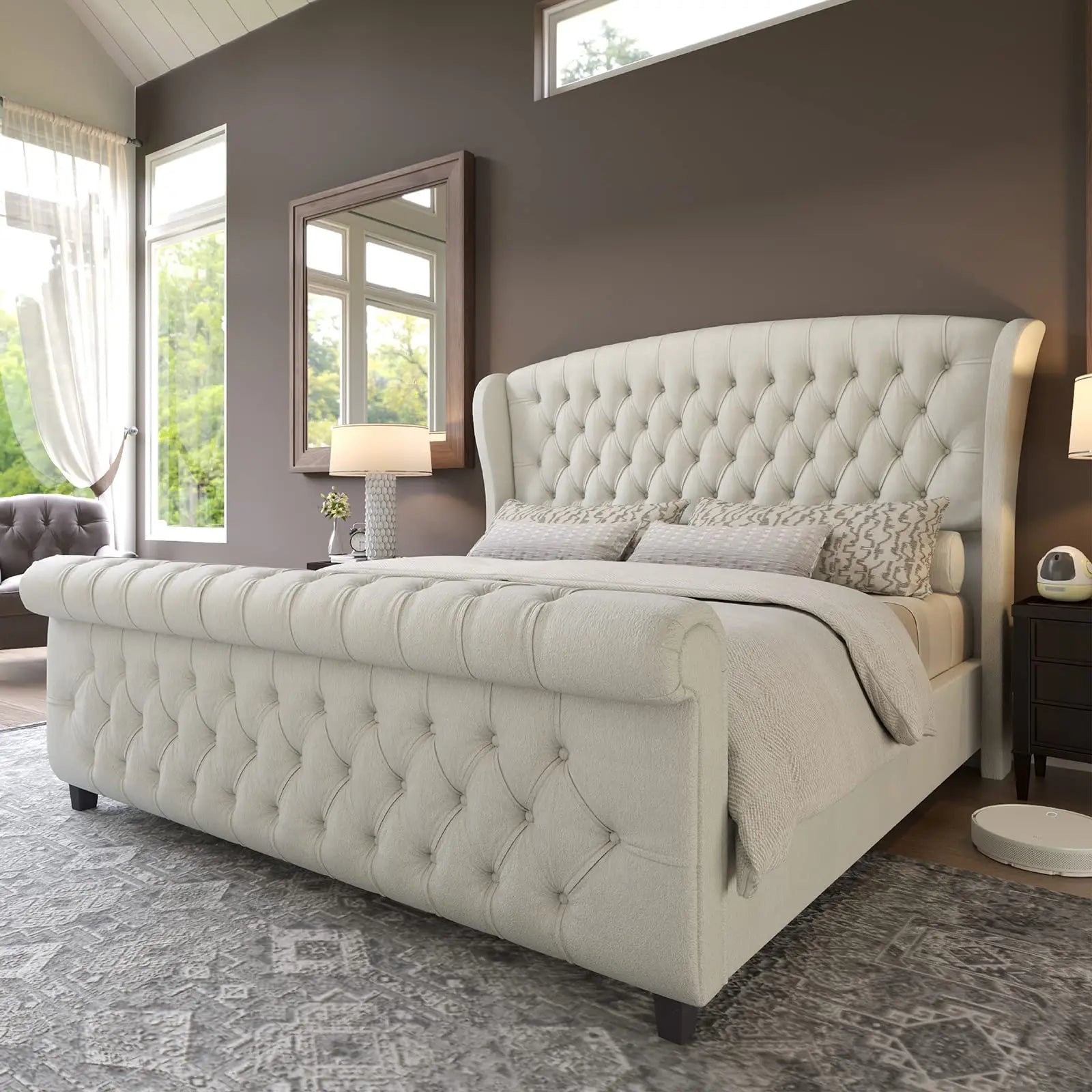 Chenille Upholstered Sleigh Bed