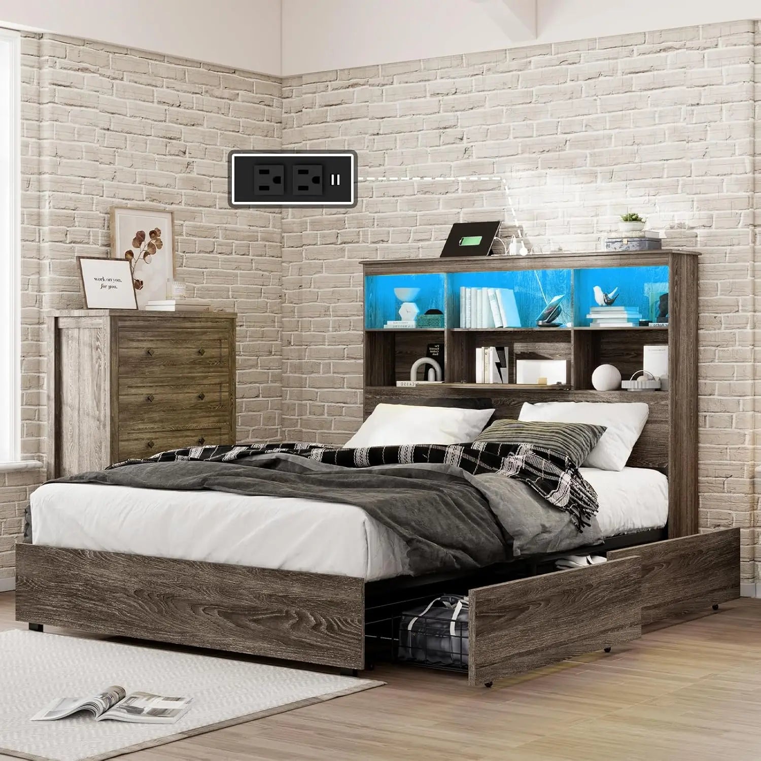 Queen LED Storage Bed with Bookcase Headboard