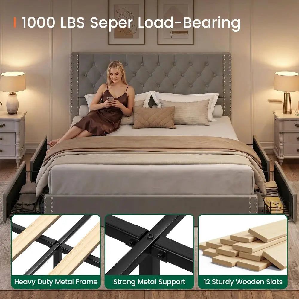 King Velvet Storage Bed