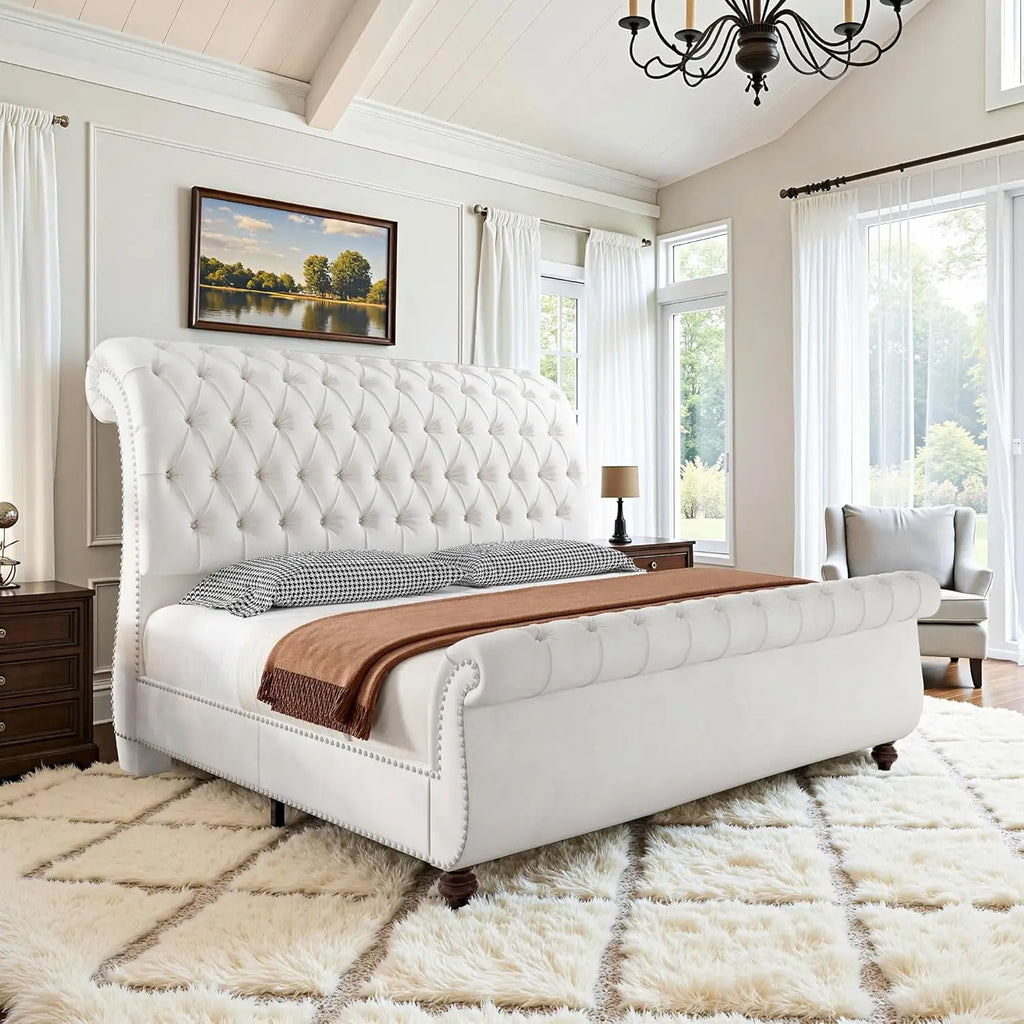 Velvet Sleigh Bed Frame