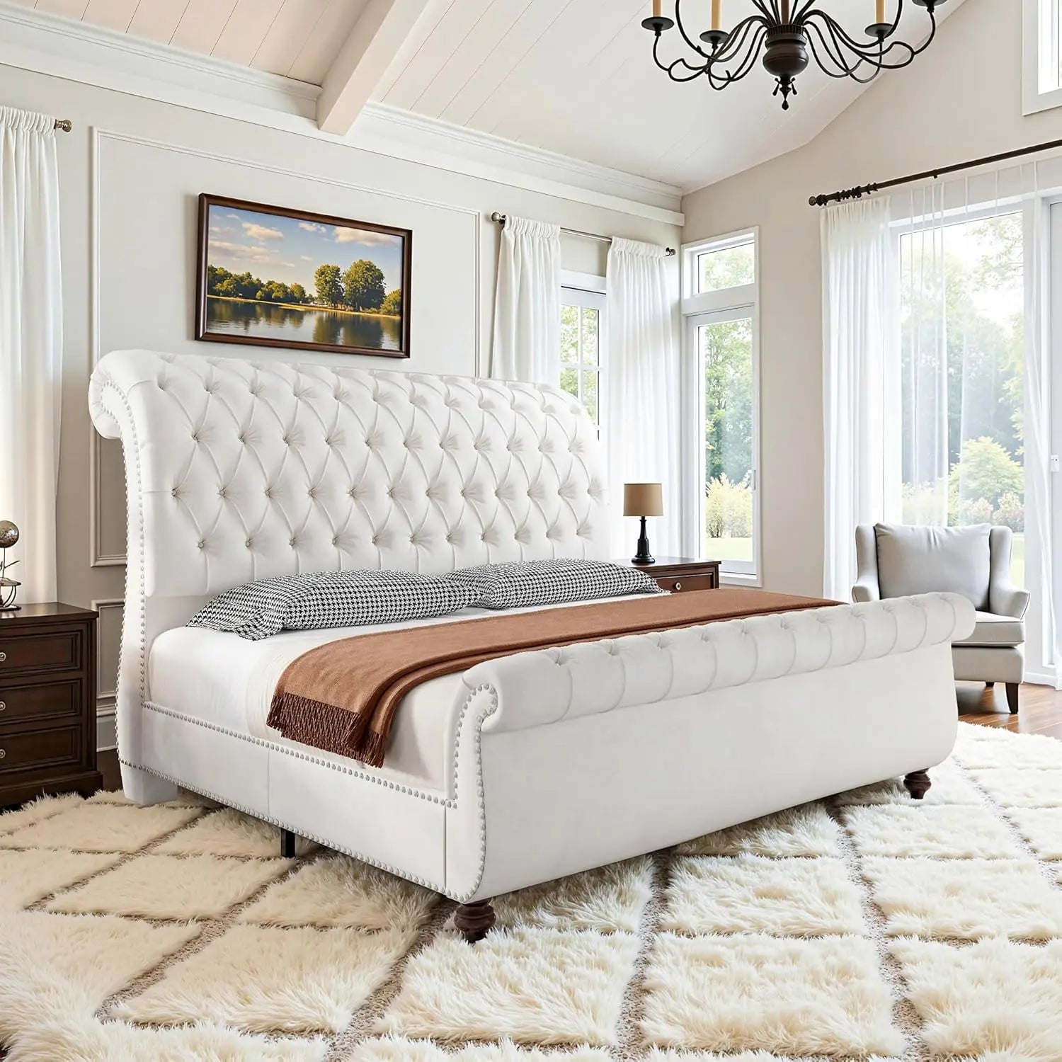 Velvet Sleigh Bed Frame