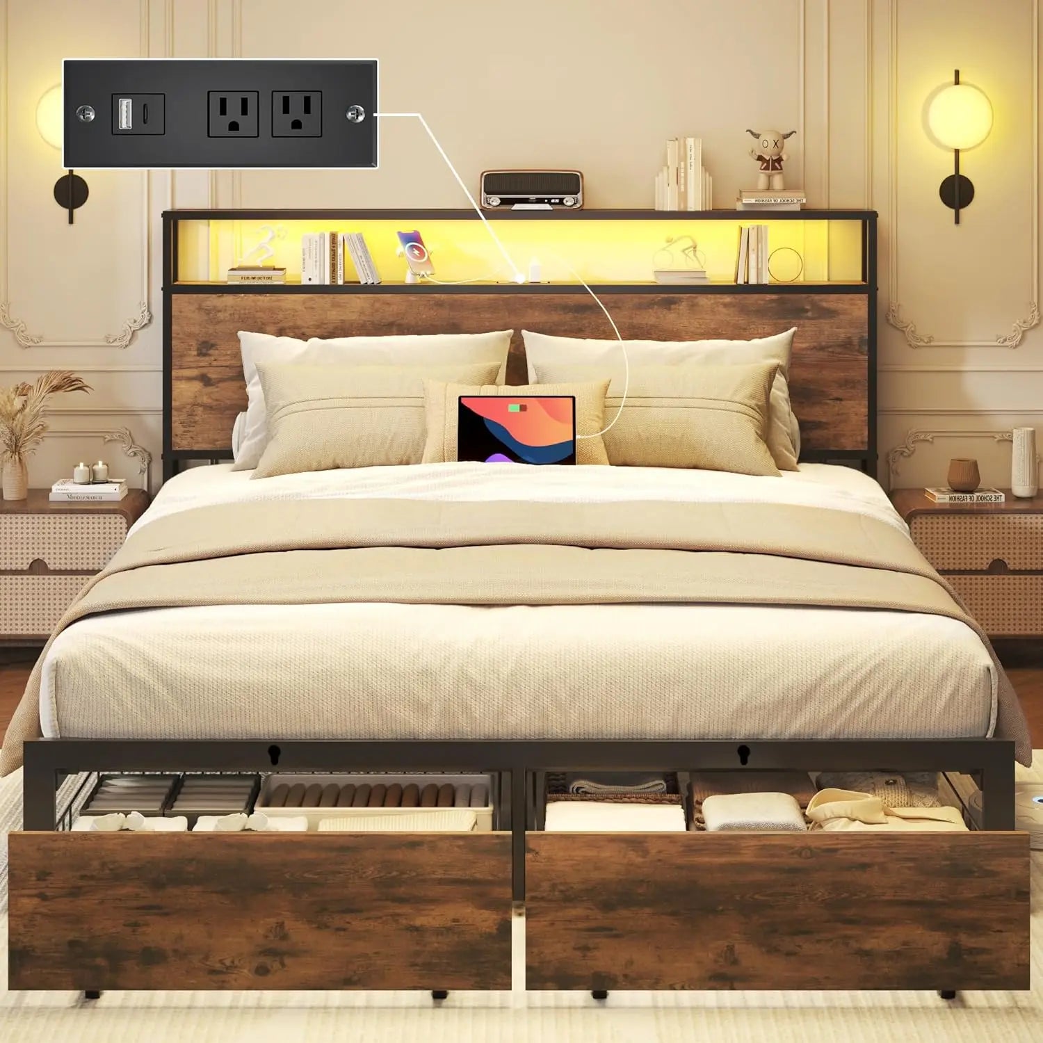 Queen Storage Bed with LED Headboard