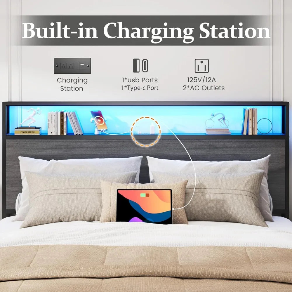 Queen Storage Bed with LED Headboard